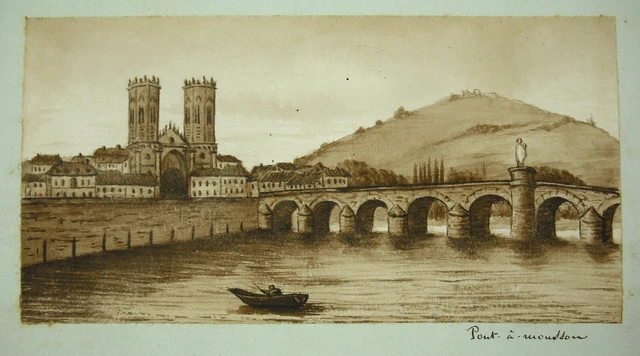 Pont-à-mousson Iglesia st-Martin Antiguo Puente c1871 Dibujo Original S.XIX