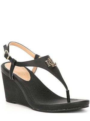 LAUREN RALPH LAUREN Womens Black Logo Jeannie Round Toe Wedge Sandals 7.5 B