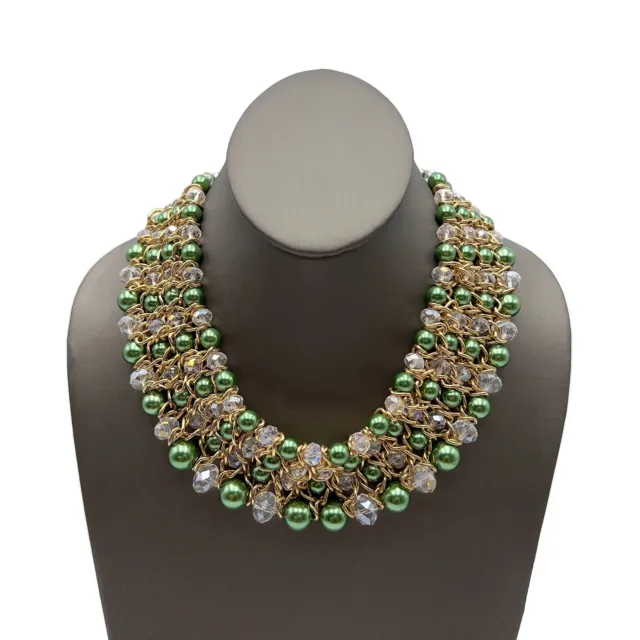 Gold Tone Glass Faceted Aurora Borealis  / Green Acrylic Bead Collar Necklace