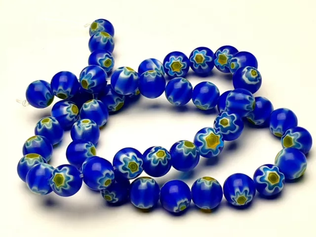 1 Strang 36 cm dunkel blaue Millefiori Blumen Glas Perlen rund lampwork  8 mm