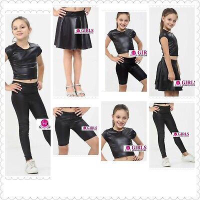 Girls Fashionable Wet Look Stretchy Comfortable Metallic Shiny Black Outfit Set