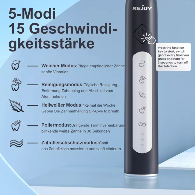 SEJOY Sonic Elektrische Zahnbürste 10Bürstenköpfe 5Mode mitReisekoffer Aufladung 2