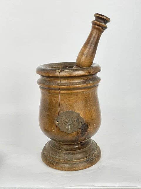 Antique Wooden Mortal and Pestle Hand Carved 1867 Decor Piece 10in”