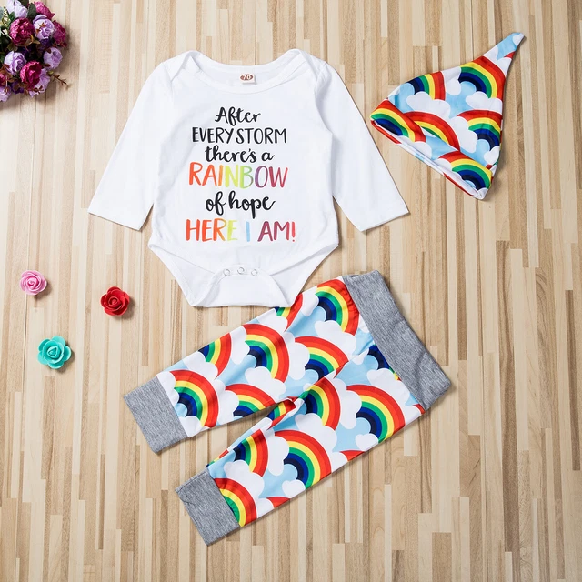 Newborn Baby Girl Boy Rainbow Romper Tops Jumpsuit Outfits Clothes +Pants+Hat