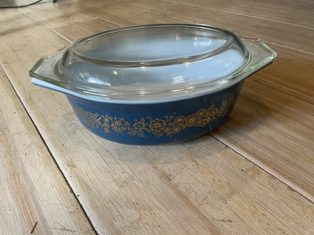 1965 Pyrex 043 Blue Golden Bouquet Vine Promotional 1 1/2 QT Casserole w/Lid MCM