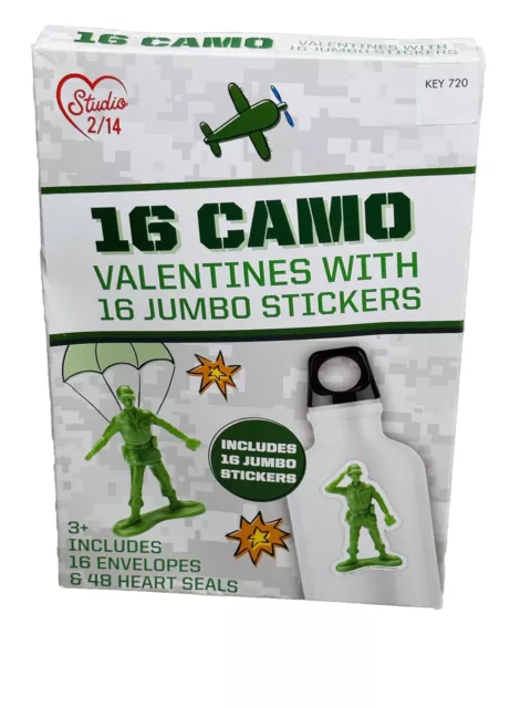 Studio 2/14 16 Camo Valentines W/16 Jumbo Stickers/16Enve./48 Heart Seals 3+