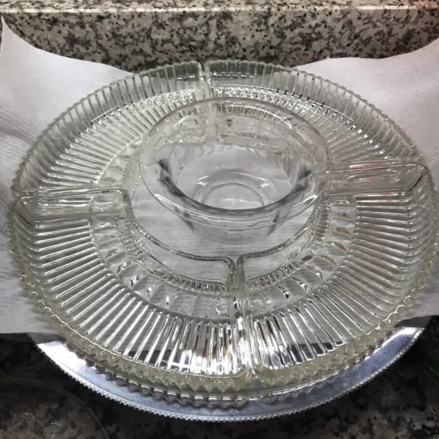 Vintage 14” Relish Tray Lazy Susan Silver/Glass 6 Pieces-