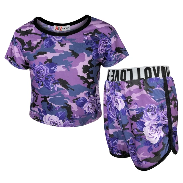 Set abiti estivi moda bambina crop & short mimetico stampa floreale viola