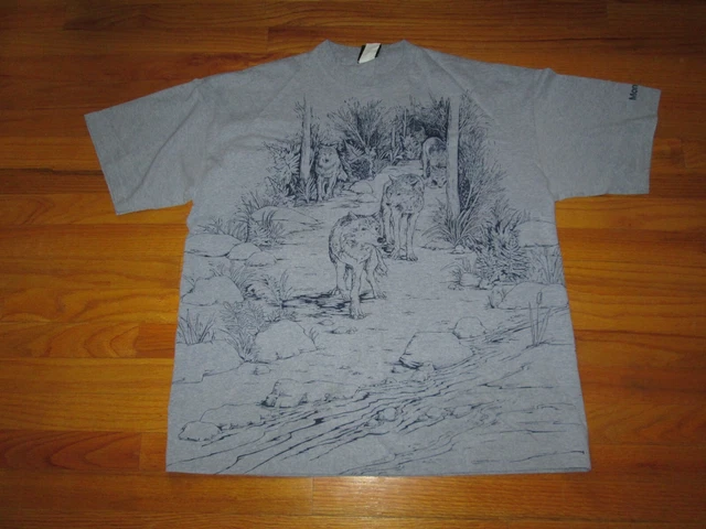 SIGNAL SPORT Vtg 90s 1994 WOLVES Mountains Print all over MONTANA T Shirt XL/XXL