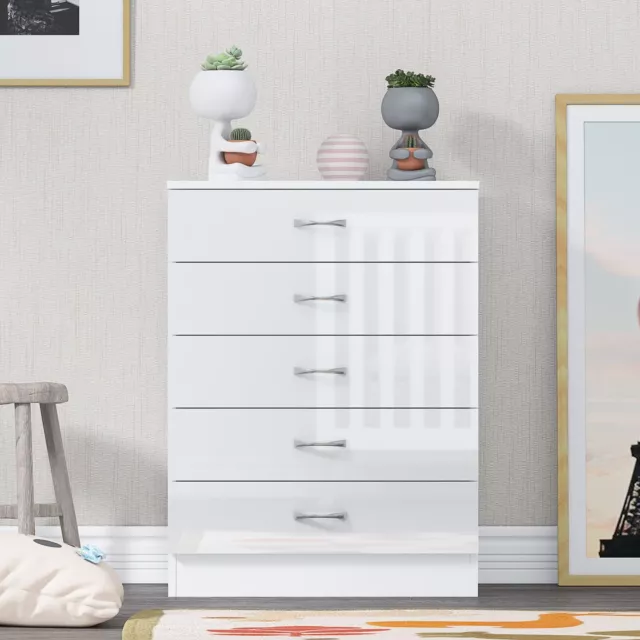 High Gloss White Chest Of Drawers 5 Drawer Bedroom Furniture Storage Cabinet