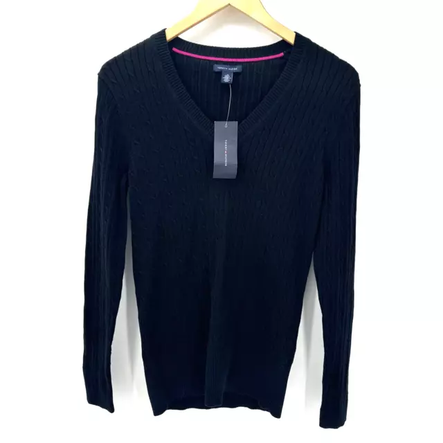 Tommy Hilfiger Sweater Womens Large V-Neck Black Cable Knit Pullover Classic NEW