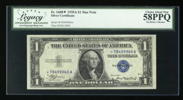 DBR 1935-A $1 Silver STAR Fr. 1608* Legacy 58 PPQ Serial *78499940A