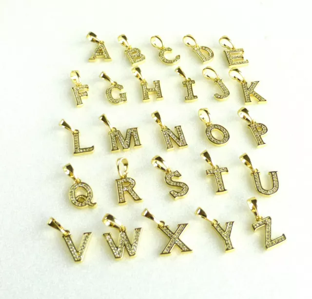 NAME Initial LETTER Small PENDANT Only A B C 14K Yellow GOLD PLATED CZ Crystal