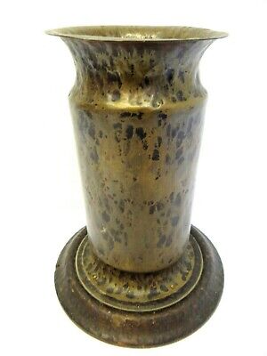 Antique Old Brass Metal Hand Hammered Carved Wood Base Large Vase Used