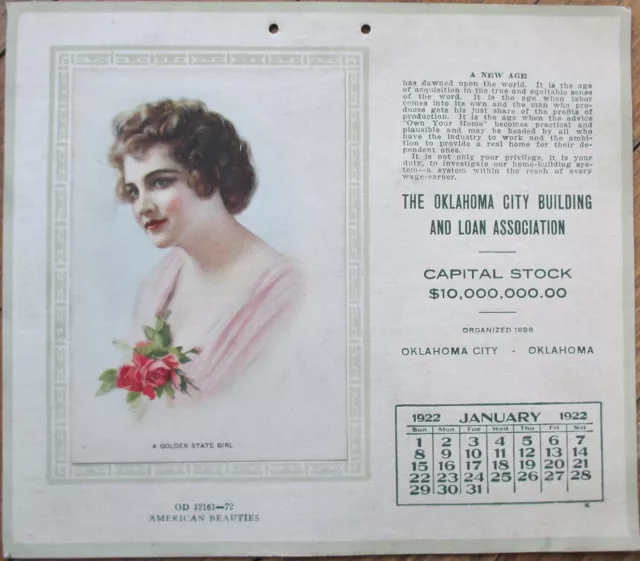 Oklahoma City, OK 1922 Advertising Calendar, Building and Loan Association