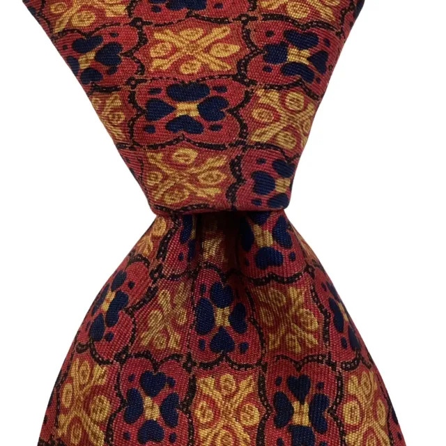 BARNEYS NEW YORK Mens 100% Silk Necktie USA Designer Geometric Red/Gold/Blue EUC