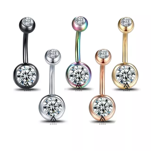 Coloured Belly Bar 316L Surgical Steel Navel Double Crystal Cubic Zirconia