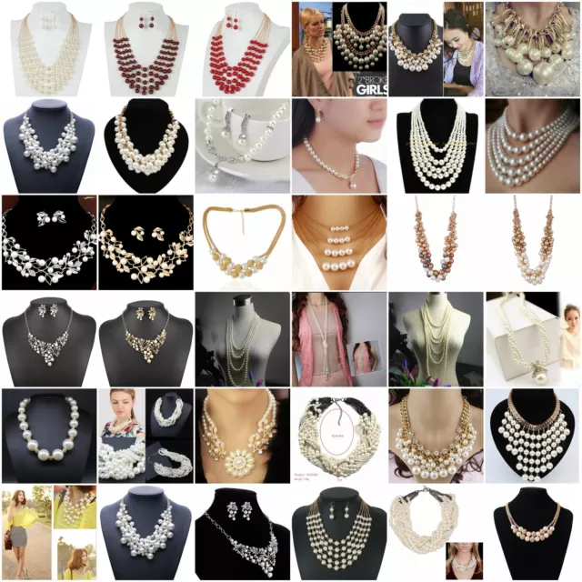 Pearl Crystal Pendant Chain Choker Chunky Statement bib Necklace Jewelry