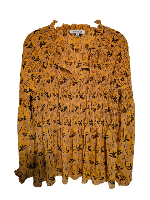 Womens Cottagecore SZ MED Top Beautiful Gold Ditsy Flower Peasant Boho Blouse