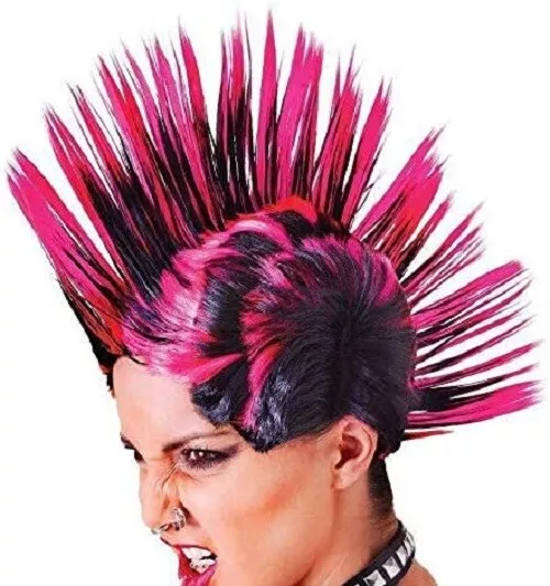 Unisex Punk Rock Mohican Mohawk Wig Pink and Black Spikes. Fancy Dress Accessory