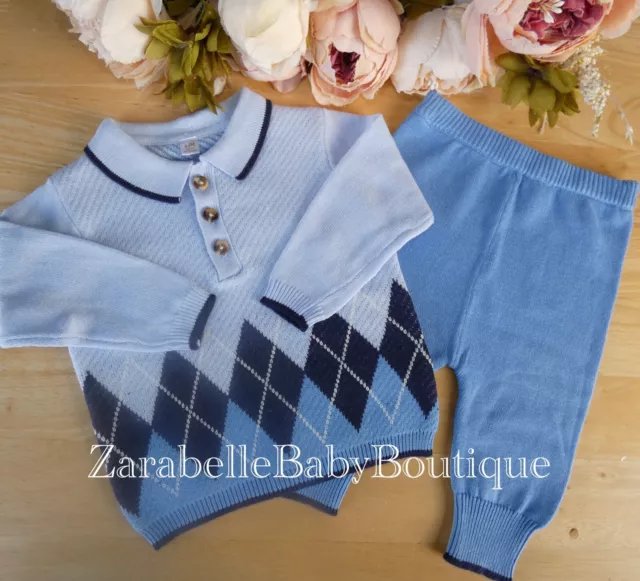 Baby Boy Knitted Blue Cotton Smart Outfit Set Top Bottoms Argyll Pattern 0 3 6 9