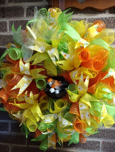 Lovely Spring/Summer Bird Nest Eggs Daisy Ribbons Deco Mesh Wreath Fs!