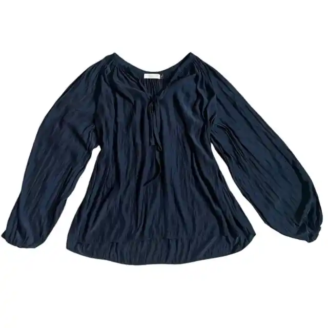 Ramy Brook Paris Long Sleeve Pleated Tie Front Oversized Flowing Navy Blouse XS