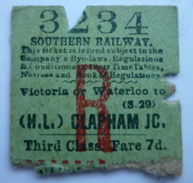 1935 Southern Victoria Waterloo To Clapham Junction Railway Station Ticket