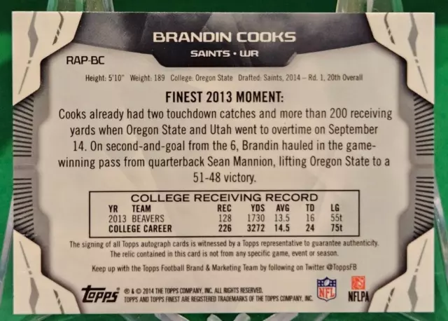 2014 Topps Finest Refractor BRANDIN COOKS RPA Rookie Jersey Auto 2