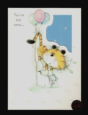 HTF BIRTHDAY Tiger Mouse Tail Balloons Window Star Sky - EMBOSSED Greeting Card