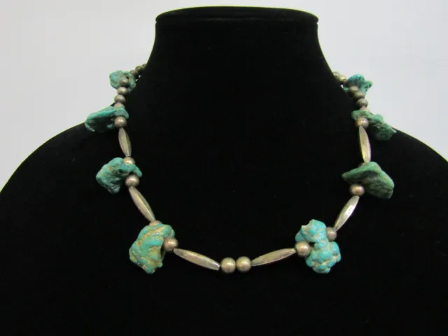 Vintage Beaded Sterling Silver Turquoise Nugget Necklace