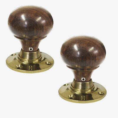 Brown Wood Polished Brass Bun Mortice Door Knobs (Pair)
