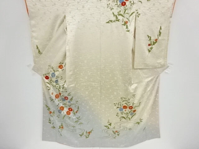 40511# Japanese Kimono / Antique Kimono / Embroidery / Stream & Flower