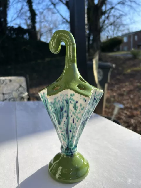 Vtg 1973 Ceramic Bisque Drip Glaze Umbrella Pencil Holder/Bud Vase Blue Green