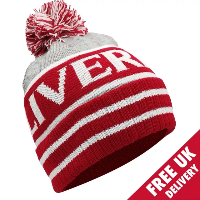 Liverpool Bobble Hat Red, White & Grey - Ribbed Cuff - Adult One-Size