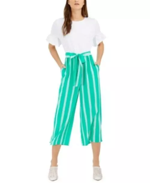 MSRP $90 MAISON Jules Striped-Leg Belted Jumpsuit Green Size XL (STAIN ...