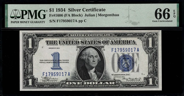 1934 $1 Silver Certificate FR-1606 F-A Block - Graded PMG 66 EPQ