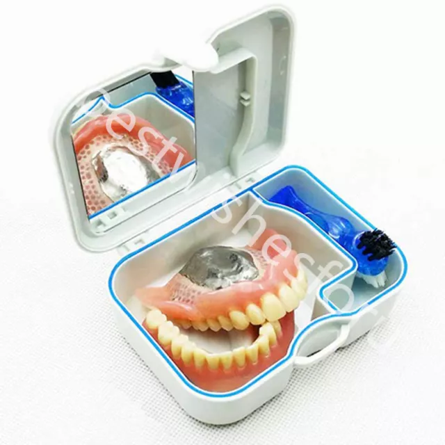 Denture Storage Box Case With Mirror And Clean Brush Dental Appliance Container