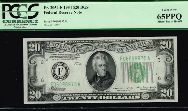 TOP POP Note. Dark Green Seal. $20 1934 Atlanta DGS FRN. PCGS 65 PPQ.