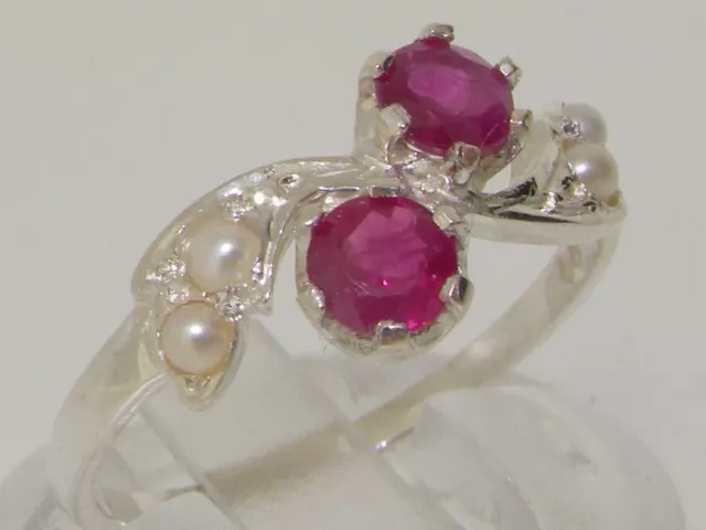 Solid Sterling Silver Natural Ruby & Pearl Ladies Band Ring