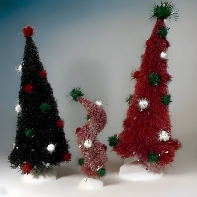 Dept 56 Glitter Bottle Brush Tinsel Ball Christmas Trees Set of 3 Twisted Rare