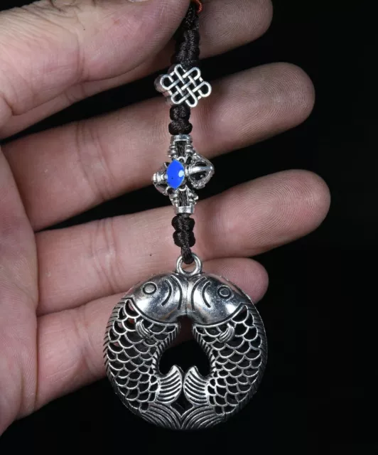 Rare Chinese Miao Silver Feng Shui Double Fish Hollow out Lucky Pendant