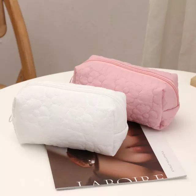 Women Pink White Cotton Flower Embroidery Pillow Cosmetic Bag Large Capacity Ni