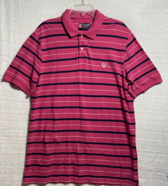Chaps Polo Shirt Mens XL Hot Pink Blue Stripe Short Sleeve Pullover Cotton Crest