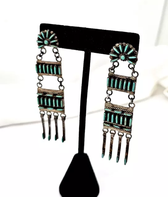 Old Pawn Native American Zuni Sterling Silver Turquoise Drop Dangle Earrings