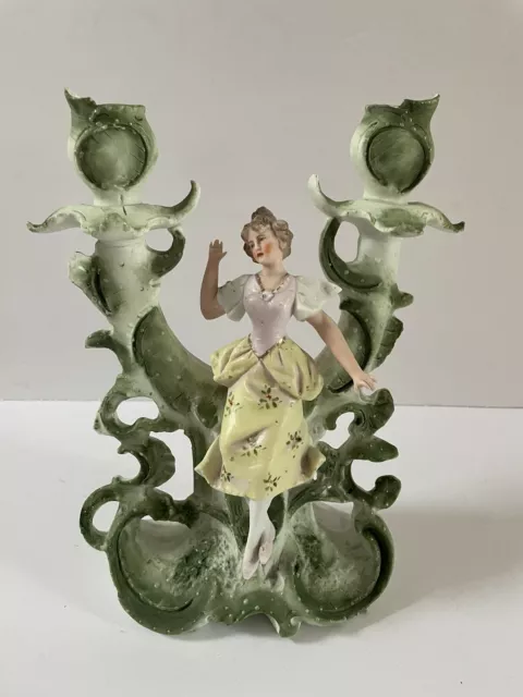 19thCen Figural Lady In 1800’s Dress Candelabra German Porcelain Bisque Antique