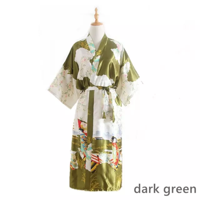 Womens Faux Silk Long Bathrobe Japanese Kimono Night Robe Pajamas Floral Printed