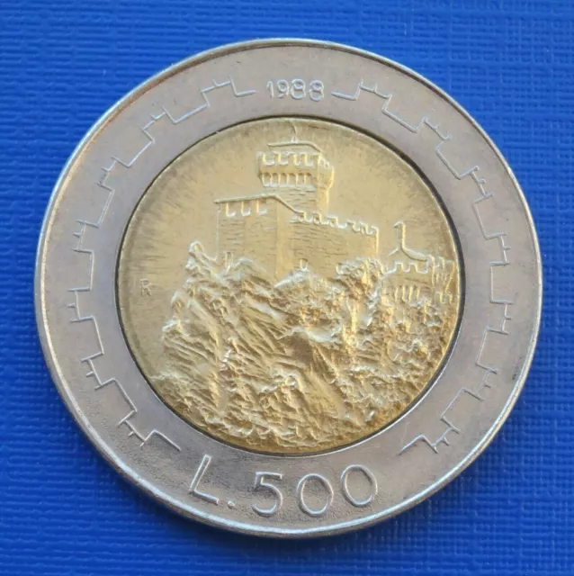 San Marino 500 Lire Coin, 1988 Coat of Arms, KM#226, Bimetallic 6.8g, EF, X271