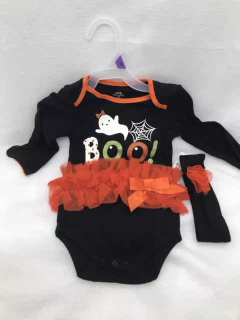 Infant Girls Halloween Orange & Black Ghost Boo Tulle Bodysuit w/ Headband 12M