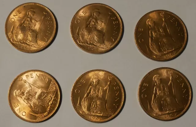1967 UNCIRCULATED QUEEN ELIZABETH II ORIGINAL ONE PENNY COINS x5